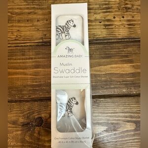 Amazing Baby Newborn Cotton Muslin Swaddle Blanket Zebra Print White 36"x36" NIB
